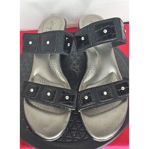 DEXFLEX Dexter Black Faux Leather‎ Strapy SlipOn Sandals W Jewels On Straps 9.5